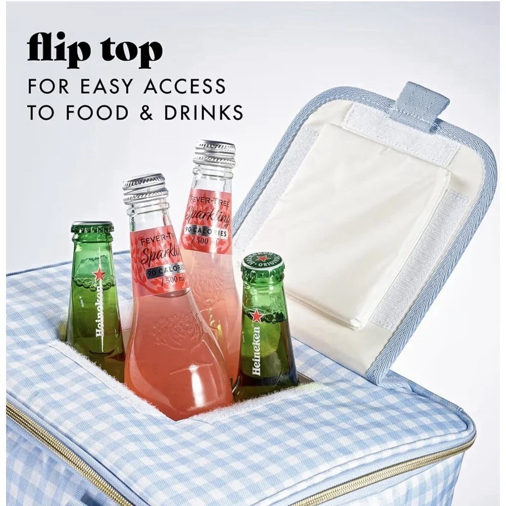 24-Can Soft Cooler Bag Insulated Leak-Resistant Portable Soft Blue Gingham